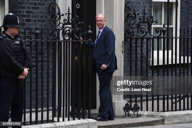 Transport Secretary Chris Grayling arrives in Downing Street ahead of a Cabinet meeting on October 10, 2017 in London, England. The meeting will be...