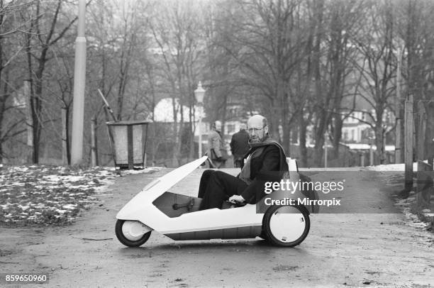 The New Electric Vehicle Sir Clive Sinclair in his new electric vehicle, the C5. Sir Clive meets the press Picture taken 10th January 1985.