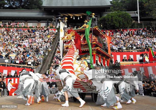 People perform during the Nagasaki Kunchi Festival at Suwa Jinja Shrine on October 7, 2017 in Nagasaki, Japan.