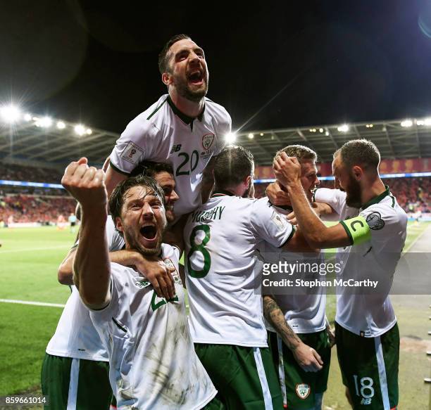 Cardiff , United Kingdom - 9 October 2017; James McClean, second from right, celebrates after scoring his side's goal with his Republic of Ireland...