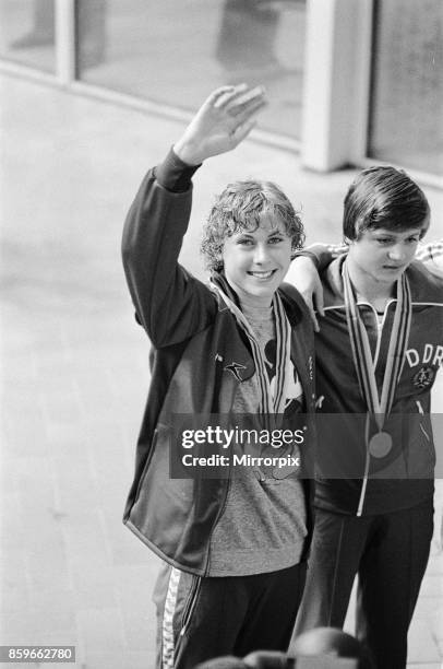 Olympic Games at the Central Lenin Stadium in Moscow, Soviet Union, British swimmer Sharron Davies celebrates after winning the silver medal in the...