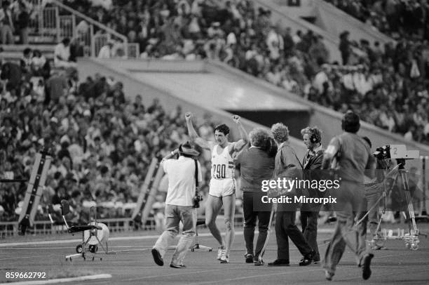 Olympic Games at the Central Lenin Stadium in Moscow, Soviet Union, Alan Wells celebtates after winning the gold medal in the Men's 100 metres final,...