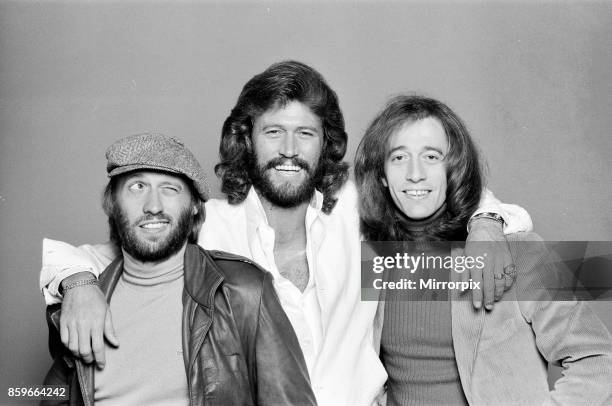 The Bee Gees back in London 22nd November 1981, From left to right: Maurice Gibb, Barry Gibb, Robin Gibb.