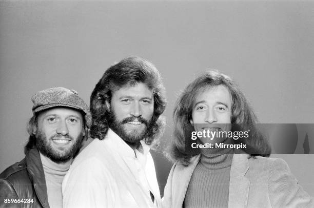 The Bee Gees back in London 22nd November 1981, From left to right: Maurice Gibb, Barry Gibb, Robin Gibb.
