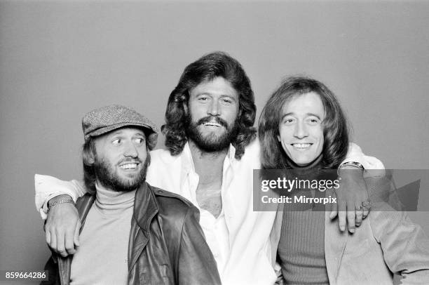 The Bee Gees back in London 22nd November 1981, From left to right: Maurice Gibb, Barry Gibb, Robin Gibb.