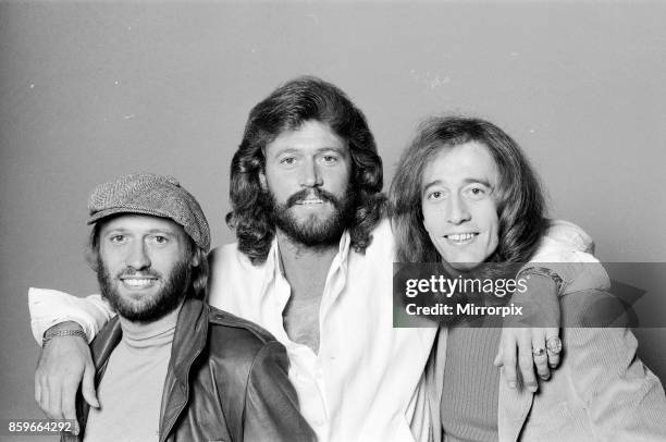 The Bee Gees back in London 22nd November 1981, From left to right: Maurice Gibb, Barry Gibb, Robin Gibb.