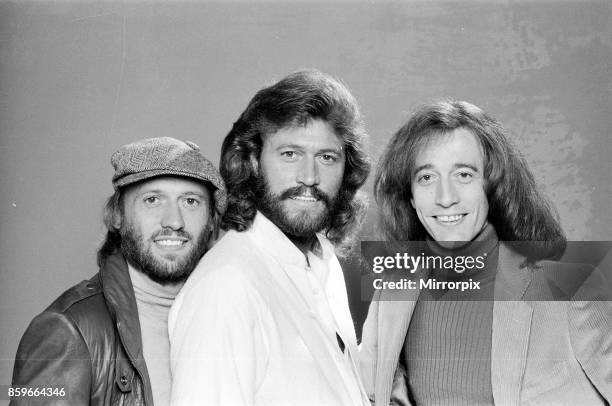 The Bee Gees back in London 22nd November 1981, From left to right: Maurice Gibb, Barry Gibb, Robin Gibb.