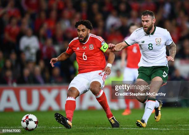 Cardiff , United Kingdom - 9 October 2017; Ashley Williams of Wales in action against Daryl Murphy of Republic of Ireland during the FIFA World Cup...