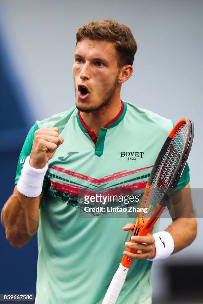 Pablo Carreno Busta of Spain celebrates a point during the Men's singles match against Albert Ramos-Vinolas of Spain on day three of 2017 ATP...