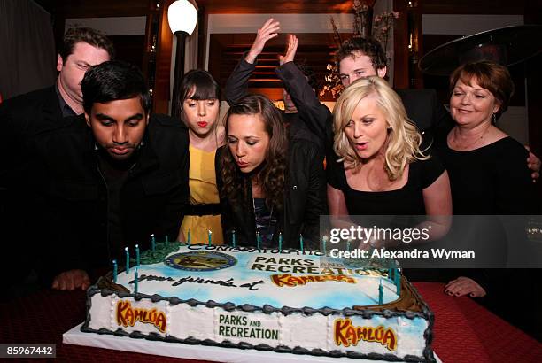 Actors Nick Offerman, Aziz Ansari, actresses Aubrey Plaza, Rashida Jones, Paul Schneider, Amy Poehler and actor Chris Pratt attend the premiere of...