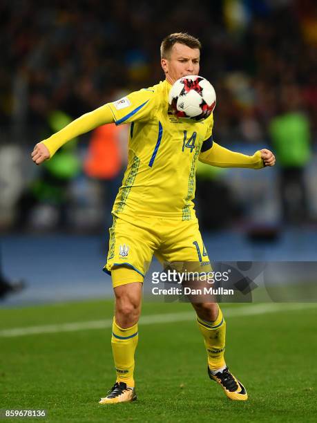 Ruslan Rotan of Ukraine controls the ball during the FIFA 2018 World Cup Qualifier Group I match between Ukraine and Croatia at Kiev Olympic Stadium...