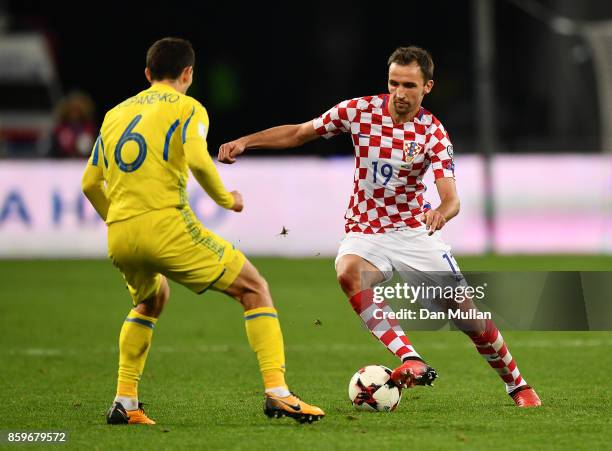 Milan Daelj of Croatia takes on Taras Stepanenko of Ukraine during the FIFA 2018 World Cup Qualifier Group I match between Ukraine and Croatia at...