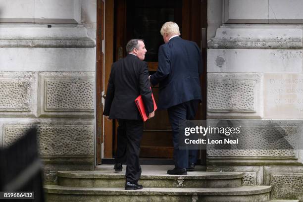 International Trade Secretary Liam Fox and Foreign Secretary Boris Johnson talk after leaving Downing Street, following a Cabinet meeting on October...