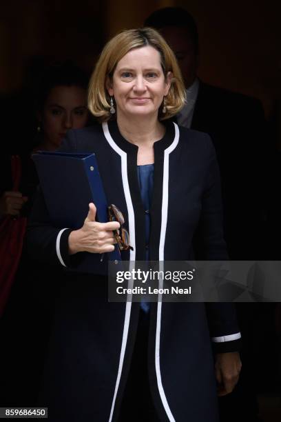 Home Secretary Amber Rudd leaves Downing Street, following a Cabinet meeting on October 10, 2017 in London, England. The meeting was the first since...