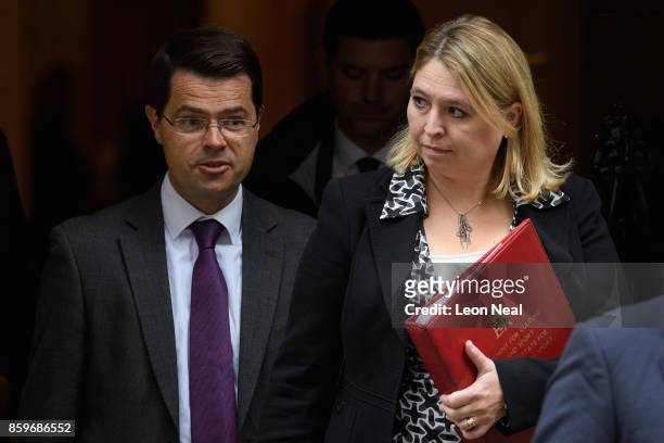 Northern Ireland Secretary James Brokenshire and Culture Secretary Karen Bradley leave Downing Street, following a Cabinet meeting on October 10,...