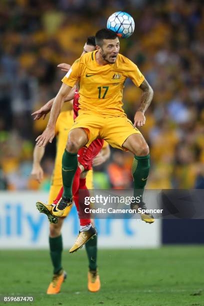 Nikita Rukavytsya of Australia heads the ball during the 2018 FIFA World Cup Asian Playoff match between the Australian Socceroos and Syria at ANZ...