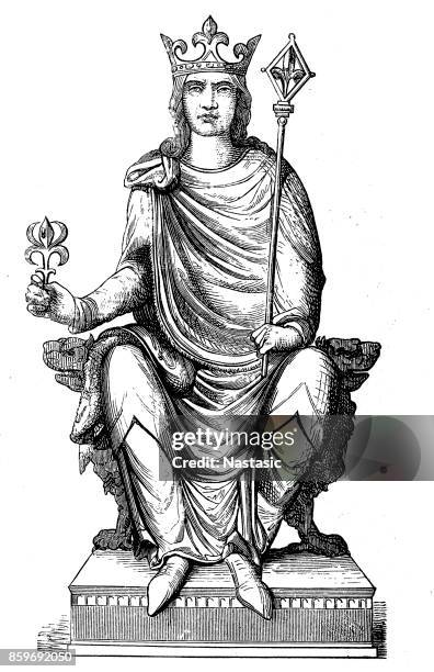 statue of philip augustus, king of france, 13th century (1882-1884) - french_crown stock illustrations