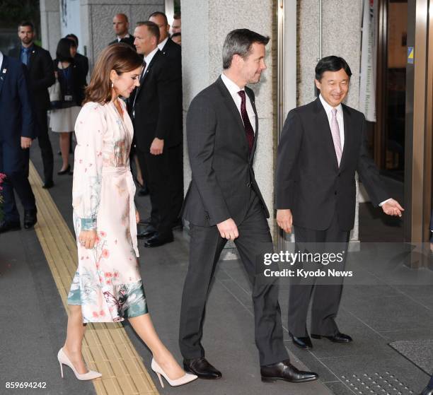 Denmark's Crown Prince Frederik and Crown Princess Mary are greeted by Japan's Crown Prince Naruhito at the National Archives of Japan in Tokyo on...