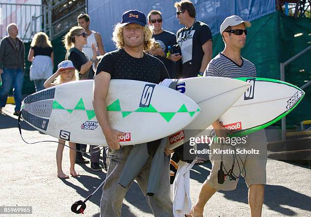 Local wildcard surfer Adam Robertson of Australia arrives at the Rip Curl Pro contest site prior to surfing his Round 2 heat at the Rip Curl Pro on...