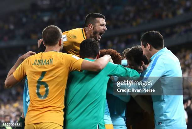 Nikita Rukavytsya of Australia celebrates after Tim Cahill of Australia celebrates after scoring his teams second goal during the 2018 FIFA World Cup...