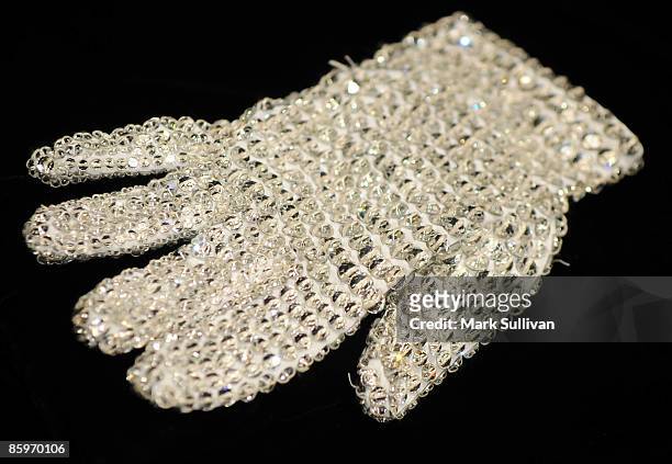 Michael Jackson's white crystal glove at the press preview for Michael Jackson's Julien's Auctions Exhibit on April 13, 2009 in Beverly Hills,...