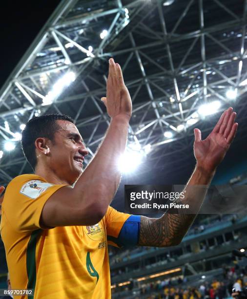 Tim Cahill of Australia celebrates after the 2018 FIFA World Cup Asian Playoff match between the Australian Socceroos and Syria at ANZ Stadium on...