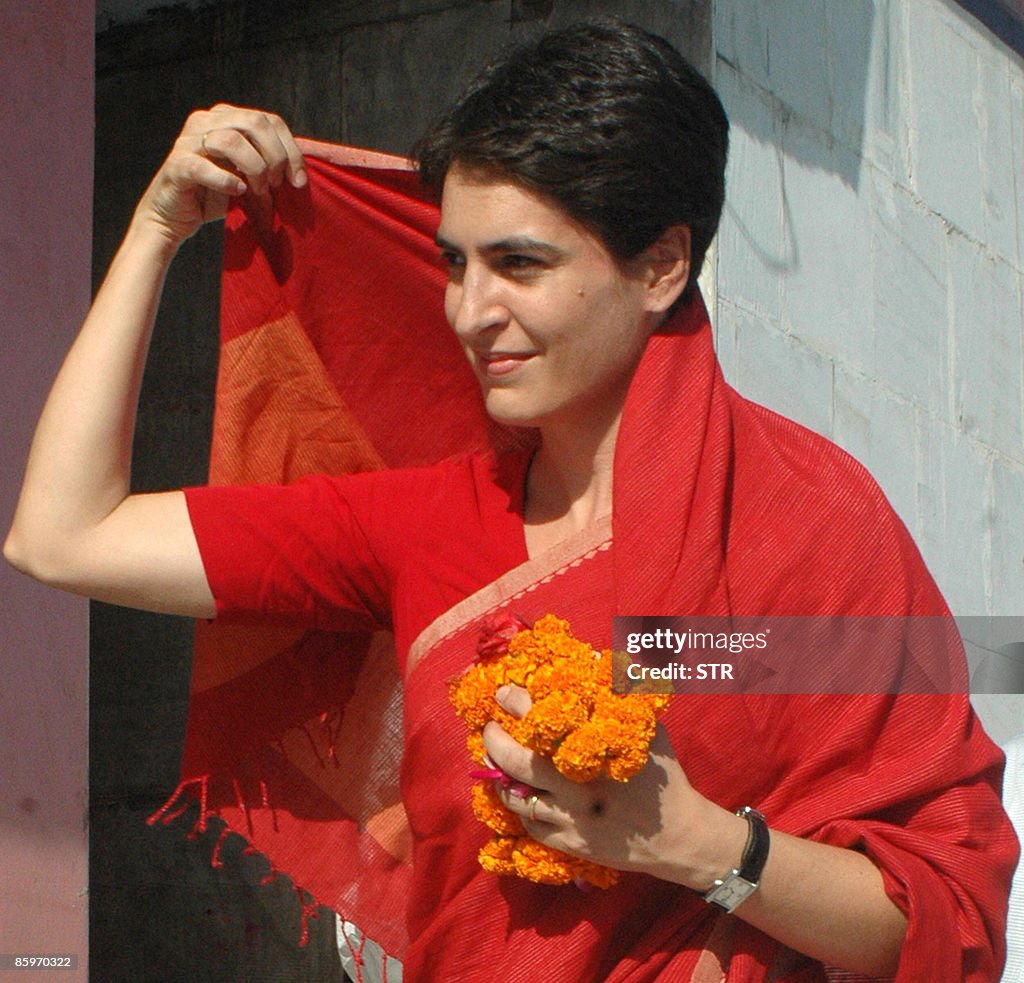 Priyanka Gandhi Vadra smiles as she leav