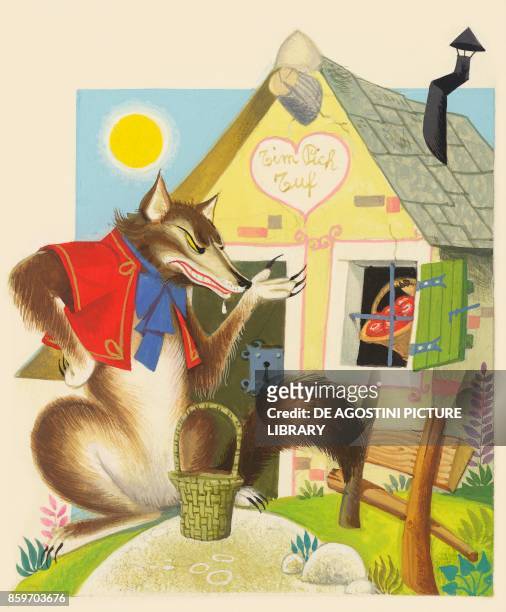The big bad wolf in disguise knocking at the door of the three little pigs' house, children's illustration, drawing.