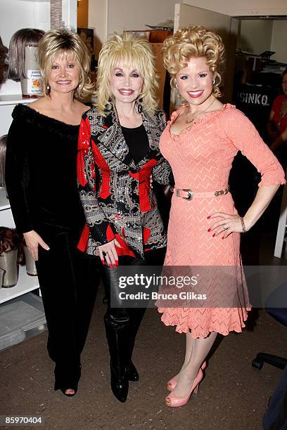 Rachel Parton Dennison, sister Dolly Parton and Megan Hilty pose backstage at the hit new musical "9 to 5" on Broadway at The Marquis Theatre on...