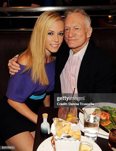 Kendra Wilkinson and Hugh Hefner attend Hugh Hefner's 83rd birthday dinner at Nine Steakhouse at the Palms Resort & Casino on April 4, 2009 in Las...