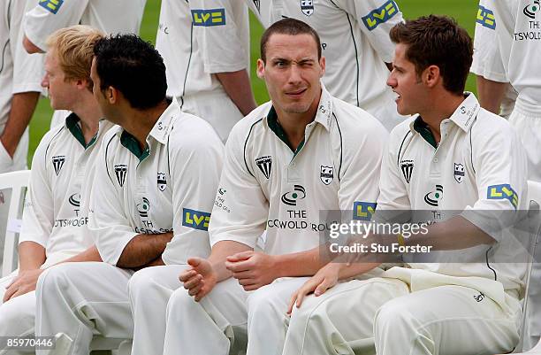 Worcestershire bowler Simon Jones enjoys a joke with Steven Davies during the Worcestershire CCC Photocall at New Road on April 14, 2009 in...