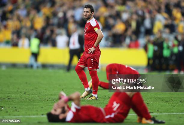 Fahad Youssef of Syria looks dejected after defeat in the 2018 FIFA World Cup Asian Playoff match between the Australian Socceroos and Syria at ANZ...