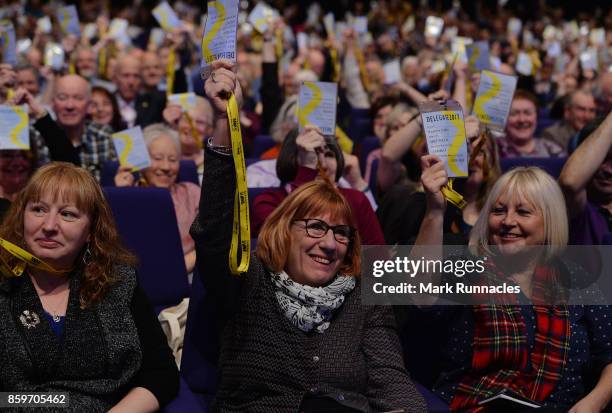 Delegates vote on a resolution ahead of First Minister & SNP Leader Nicola Sturgeon's keynote speech at The SNP Autumn Conference 2017 at the...