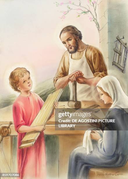 Holy Family, Jesus as a child with Joseph and Mary, drawing.