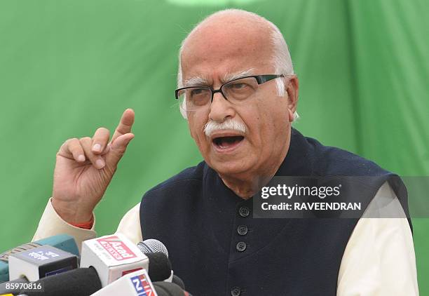 Bhartiya Janta Party Prime Ministerial candidate L K Advani addresses supporters at a Rath Yatra - roadshow - for the upcoming parliamentary...