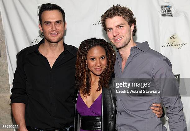 Actors Cheyenne Jackson, Tracie Thoms and Lance Horne attend the 24 Hour Musicals after party at The National Arts Club on April 13, 2009 in New York...