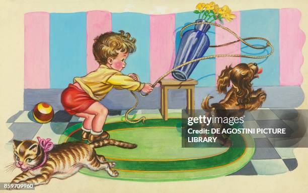Boy playing with a lasso and his dog hits a vase as a cat runs away, children's illustration, drawing.