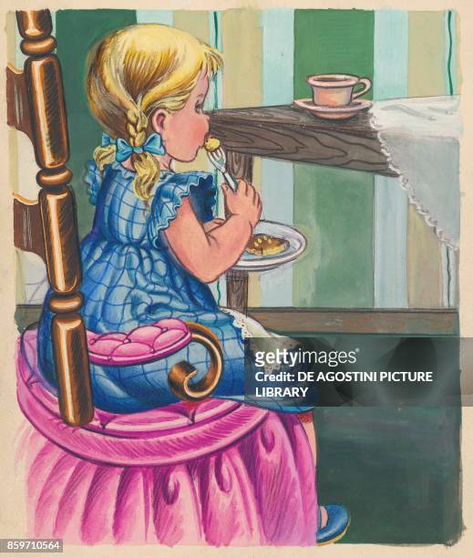 Little girl eating at a table too tall for her to reach, children's illustration, drawing.