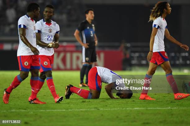 Duckens Nazon of Haiti celebrates scoring his side's third goal during the international friendly match between Japan and Haiti at Nissan Stadium on...