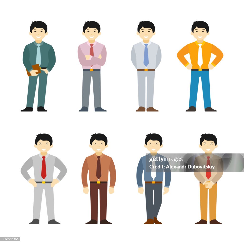 Cartoon Asian Man In Business Suit Set Flat Style Different Poses And  Clothes High-Res Vector Graphic - Getty Images