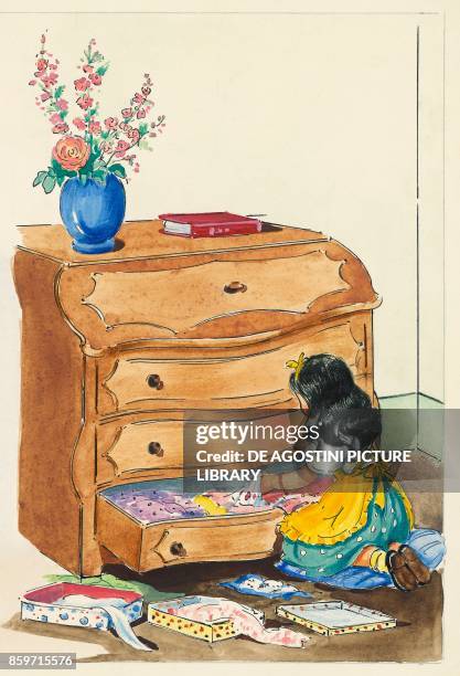 Little girl rummaging around in the drawers of a dresser, children's illustration, drawing.