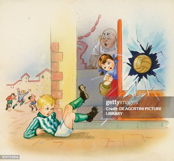 Boy kicks a ball and breaks a shop window, children's illustration, drawing.