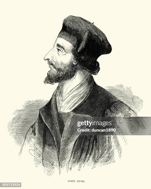 ilustraciones, imágenes clip art, dibujos animados e iconos de stock de retrato de jan hus (juan huss) - vieja plaza de praga