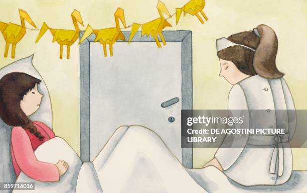 Sadako in her bed at the hospital with a nurse and some of her paper cranes, from the real story of Sadako Sasaki and the Thousand Paper Cranes,...
