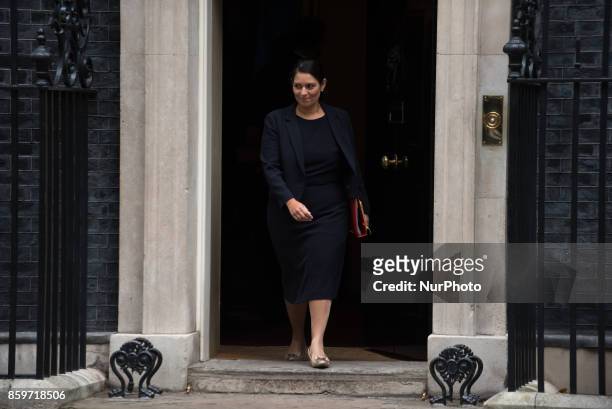 International Development Secretary Priti Patel leaves Downing Street, following a Cabinet meeting on October 10, 2017 in London, England. The...