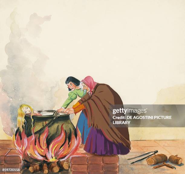 Stepmother and her daughter putting Sister in the pot, illustration for Brother and Sister, fairy tale by the Grimm brothers, Jacob and Wilhelm ,...