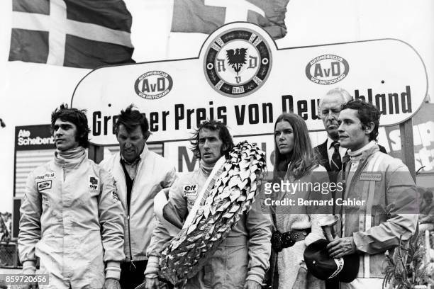 Francois Cevert, Ken Tyrrell, Jackie Stewart, Helen Stewart, Prince Metternich, Jacky Ickx, Grand Prix of Germany, Nurburgring, August 5, 1973.