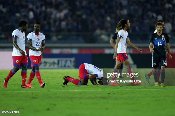 Duckens Nazon of Haiti celebrates scoring his side's third goal during the international friendly match between Japan and Haiti at Nissan Stadium on...