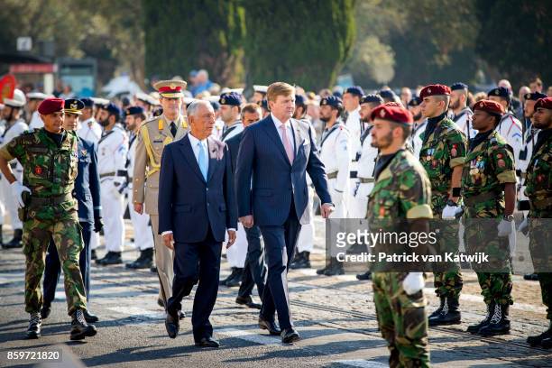 Queen Maxima of The Netherlands welcomed by President Marcelo Rebelo de Sousa of Portugal during an official welcome ceremony at the Mosteiro dos...