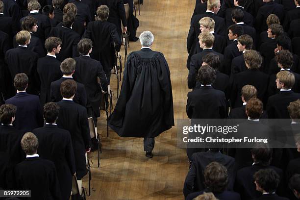 The boys of Eton College stand as headmaster Tony Little arrives for morning assembly on September 6, 2007 in Eton, England. An icon amongst private...